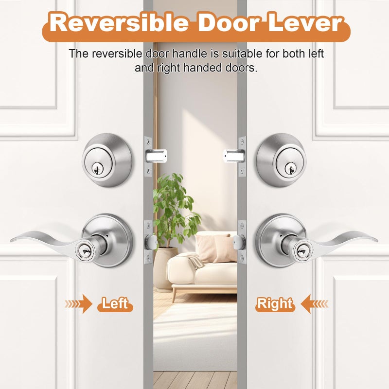 Probrico 5 Sets-Satin Nickel Exterior Entry Lever and Single Cylinder Deadbolt Combo Pack,Keyed Alike Entry Handleset for Front Entrance Door,Wave Shape Lever,Contractor Park - Image 5